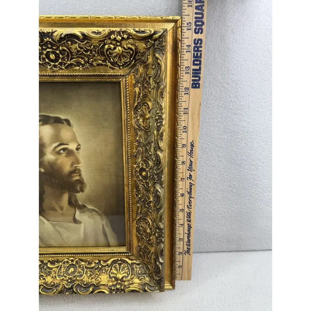 Vintage Jesus Portrait Print Ornate Gold Frame Christian Religious Wall Art